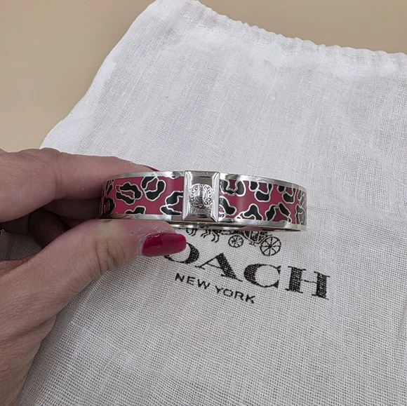 Coach Pink Enamel Ocelot Hinged Bangle Bracelet - Picture 2 of 3